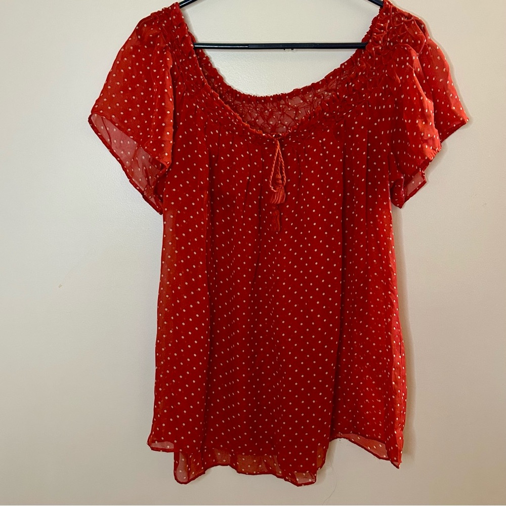 Vintage Cherry Red & White Polka Dot Blouse Shirred Scoop Neck Top Tassel Ties M - Picture 6 of 9